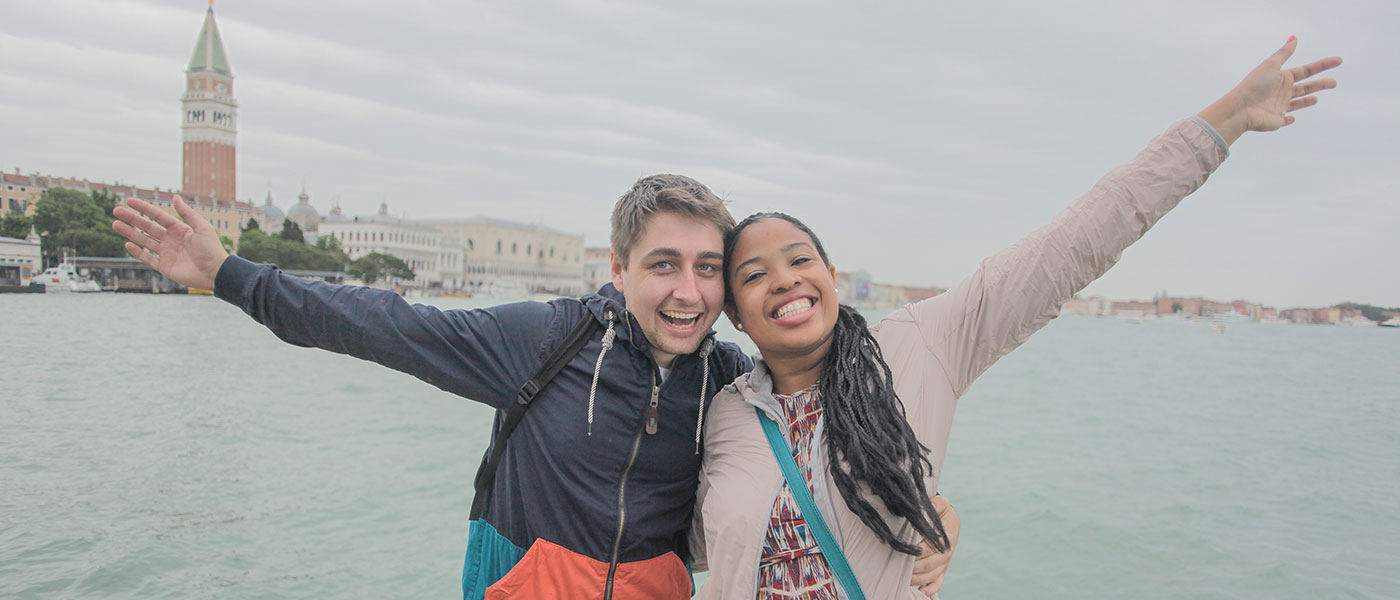 Engagement Photo of Andrew and Sigournee in Venice on a gondola
